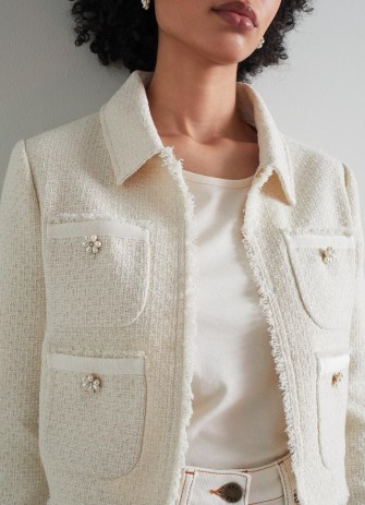 L.K. BENNETT Ada Cream and Silver Recycled Cotton Tweed Jacket ~ women’s cropped frayed edge metallic fibre jackets ~ womens luxury clothing ~ luxe outerwear ~ embellished buttons ~ sustainable clothes - flipped