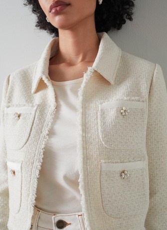 L.K. BENNETT Ada Cream and Silver Recycled Cotton Tweed Jacket ~ women’s cropped frayed edge metallic fibre jackets ~ womens luxury clothing ~ luxe outerwear ~ embellished buttons ~ sustainable clothes