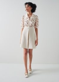 L.K. BENNETT Ada Cream and Silver Recycled Cotton Tweed Skirt ~ women’s textured A-line skirts ~ womens luxury clothes ~ front pleat detail