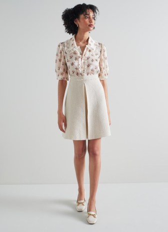 L.K. BENNETT Ada Cream and Silver Recycled Cotton Tweed Skirt ~ women’s textured A-line skirts ~ womens luxury clothes ~ front pleat detail - flipped