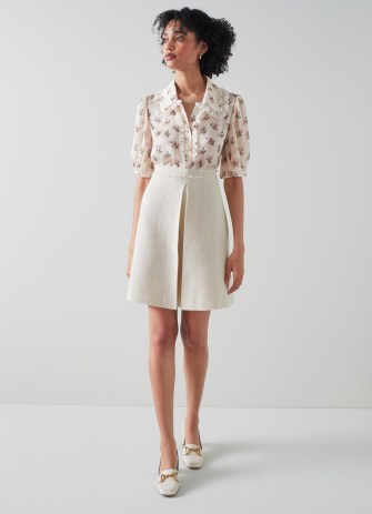 L.K. BENNETT Ada Cream and Silver Recycled Cotton Tweed Skirt ~ women’s textured A-line skirts ~ womens luxury clothes ~ front pleat detail