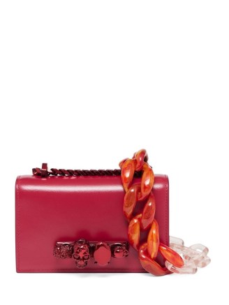 Alexander McQueen mini Jewelled skull satchel bag in dark red ~ designer crossbody bags ~ small luxury crystal embellished handbags - flipped