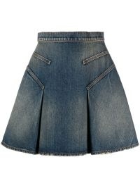 Alexander McQueen pleated denim miniskirt ~ women’s designer skirts ~ womens front pleat A-line mini skirt ~ flared hem