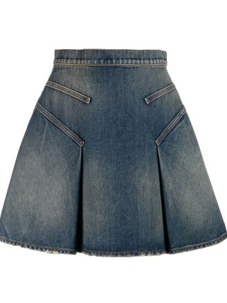 Alexander McQueen pleated denim miniskirt ~ women’s designer skirts ~ womens front pleat A-line mini skirt ~ flared hem - flipped