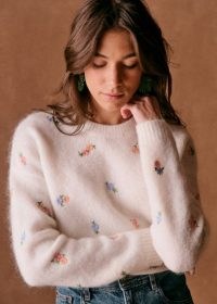 Sézane AMANDA SWEATERS in Ecru Spring Garden ~ fluffy floral sweater ~ women’s luxe jumpers ~ luxury RWS certified knitwear ~ feminine knits