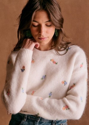 Sézane AMANDA SWEATERS in Ecru Spring Garden ~ fluffy floral sweater ~ women’s luxe jumpers ~ luxury RWS certified knitwear ~ feminine knits - flipped