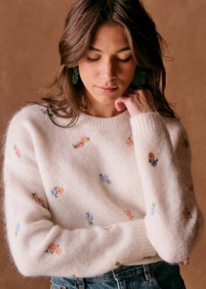 Sézane AMANDA SWEATERS in Ecru Spring Garden ~ fluffy floral sweater ~ women’s luxe jumpers ~ luxury RWS certified knitwear ~ feminine knits