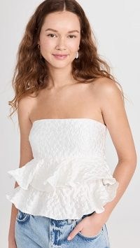 Amanda Uprichard Healy Top in Bellis | white strapless peplum tops | women’s feminine ruffled clothes | bandeau fashion
