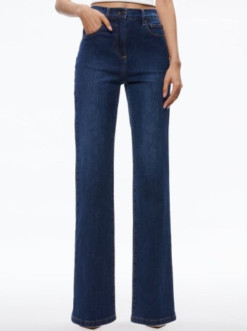 alice + olivia AMAZING HIGH RISE STRAIGHT FULL LENGTH JEAN in Love Train | women’s dark blue jeans | womens casual denim clothes - flipped