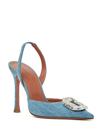 Amina Muaddi Camelia 105 denim slingback pumps in blue | elegant crystal buckle slingbacks | women’s designer high heels | luxury embellished shoes - flipped