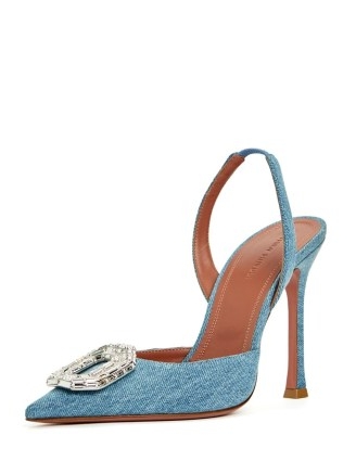 Amina Muaddi Camelia 105 denim slingback pumps in blue | elegant crystal buckle slingbacks | women’s designer high heels | luxury embellished shoes