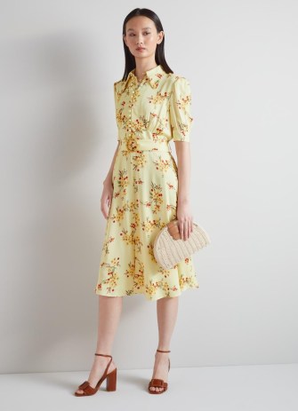 L.K. BENNETT Amor Yellow and Red Cherry Blossom Print Crepe Dress | floral vintage style clothes | retro look fashion | women’s luxury clothing | womens luxe spring and summer occasion dresses - flipped