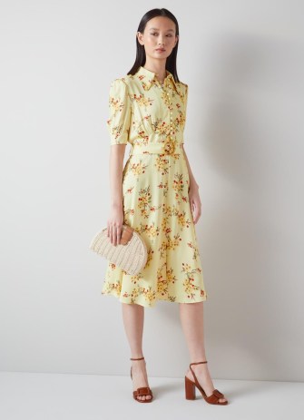 L.K. BENNETT Amor Yellow and Red Cherry Blossom Print Crepe Dress | floral vintage style clothes | retro look fashion | women’s luxury clothing | womens luxe spring and summer occasion dresses