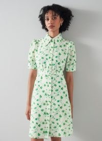 L.K. Bennett Amy Green and Cream Weavers Print Cotton-Silk Shirt Dress | women’s luxury retro clothing | womens luxe vintage style collared dresses | floral fashion