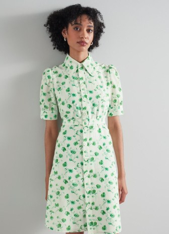 L.K. Bennett Amy Green and Cream Weavers Print Cotton-Silk Shirt Dress | women’s luxury retro clothing | womens luxe vintage style collared dresses | floral fashion - flipped