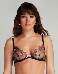 Agent Provocateur Anie Plunge Underwired Bra Black/Baby Pink – sheer floral embroidered bras – luxury lingerie – women’s luxe underwear – slender shoulder straps – tulle cups with embroidery – sequin embellished details