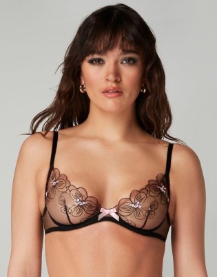 Agent Provocateur Anie Plunge Underwired Bra Black/Baby Pink – sheer floral embroidered bras – luxury lingerie – women’s luxe underwear – slender shoulder straps – tulle cups with embroidery – sequin embellished details - flipped