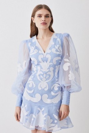 KAREN MILLEN Applique Organdie Buttoned Woven Mini Dress in Blue – sheer volume sleeved dresses – women’s balloon sleeve occasion clothes – feminine event clothing