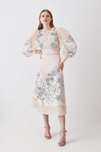 KAREN MILLEN Applique Organdie Woven Maxi Dress in Blush – floral semi sheer balloon sleeve occasion dresses