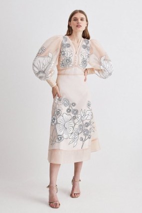 KAREN MILLEN Applique Organdie Woven Maxi Dress in Blush – floral semi sheer balloon sleeve occasion dresses - flipped