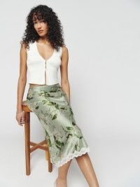Reformation Arie Silk Skirt in Tea Garden / green silky floral print slip skirts / women’s luxury clothing / luxe fashion / feminine clothes