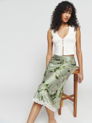 Reformation Arie Silk Skirt in Tea Garden / green silky floral print slip skirts / women’s luxury clothing / luxe fashion / feminine clothes - flipped