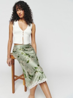 Reformation Arie Silk Skirt in Tea Garden / green silky floral print slip skirts / women’s luxury clothing / luxe fashion / feminine clothes
