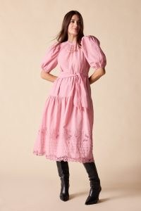 St. Roche ASTRID DRESS in PEONY | women’s pink puff sleeve lace trim dresses | womens romantic vintage style fashion | luxury Broderie Anglaise clothing | tiered detail clothes