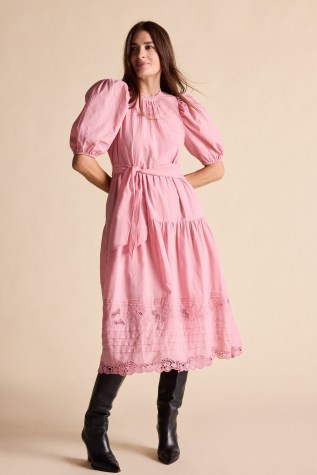 St. Roche ASTRID DRESS in PEONY | women’s pink puff sleeve lace trim dresses | womens romantic vintage style fashion | luxury Broderie Anglaise clothing | tiered detail clothes - flipped