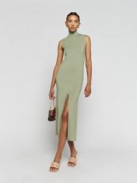 Reformation Axton Knit Dress in Artichoke ~ sleeveless high neck slim fit dresses ~ high front slit ~ chic fashion ~ women’s luxury clothing