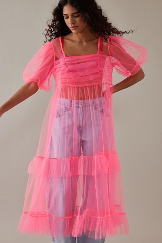 ANTHROPOLOGIE Orla Square Neck Tulle Midi Dress Pink ~ sheer puff sleeve dresses ~ fine net fabric fashion - flipped