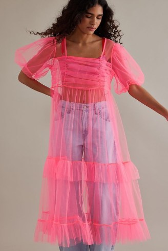 ANTHROPOLOGIE Orla Square Neck Tulle Midi Dress Pink ~ sheer puff sleeve dresses ~ fine net fabric fashion