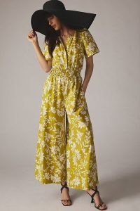 The Somerset Jumpsuit in Chartreuse ~ women’s yellow-green floral print wide leg jumpsuits ~ womens clothes Anthropologie