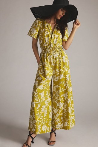 The Somerset Jumpsuit in Chartreuse ~ women’s yellow-green floral print wide leg jumpsuits ~ womens clothes Anthropologie - flipped