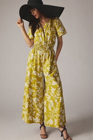 The Somerset Jumpsuit in Chartreuse ~ women’s yellow-green floral print wide leg jumpsuits ~ womens clothes Anthropologie