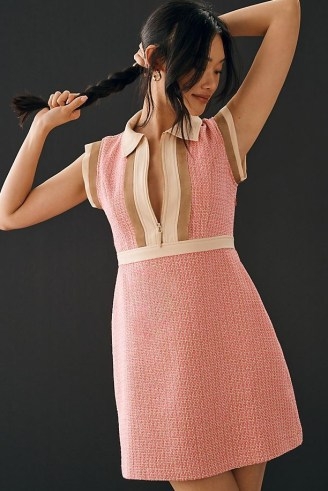 By Anthropologie Collared Tweed Mini Dress in Pink ~ women’s sleeveless dresses ~ womens retro look clothing ~ vintage style clothing - flipped