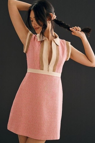 By Anthropologie Collared Tweed Mini Dress in Pink ~ women’s sleeveless dresses ~ womens retro look clothing ~ vintage style clothing