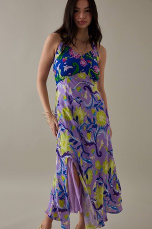 FéRí Saoirse Halter Midi Dress in Purple Motif / women’s clothes made with a blend of organic cotton and orange fibre / womens floral halterneck dresses - flipped