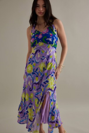 FéRí Saoirse Halter Midi Dress in Purple Motif / women’s clothes made with a blend of organic cotton and orange fibre / womens floral halterneck dresses