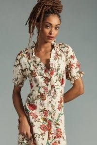 Pilcro Ruffle-Collar Buttondown Dress in Neutral Motif / women’s floral print ruffled trim dresses