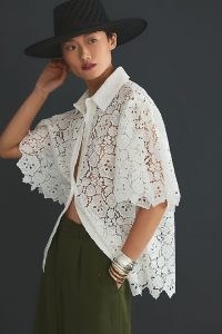 Maeve Cutout Lace Short-Sleeve Shirt in White / women’s semi sheer floral shirts