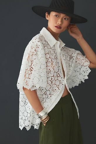 Maeve Cutout Lace Short-Sleeve Shirt in White / women’s semi sheer floral shirts - flipped