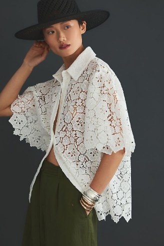Maeve Cutout Lace Short-Sleeve Shirt in White / women’s semi sheer floral shirts