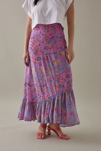 FéRí Ebony Tiered Midi Skirt in Pink Combo / women’s mixed floral print skirts - flipped