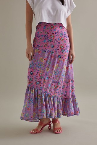 FéRí Ebony Tiered Midi Skirt in Pink Combo / women’s mixed floral print skirts