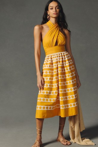 Maeve A-Line Halter Dress in Yellow / women’s spot print halterneck dresses / womens cotton summer clothing / vintage style clothes - flipped