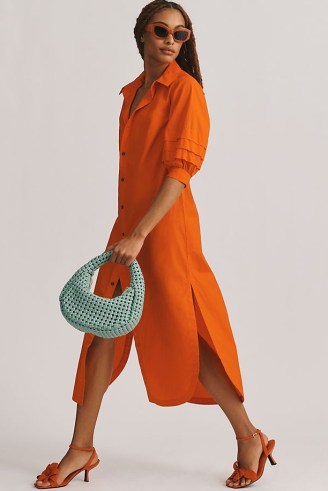 Maeve Puff-Sleeve Shirt Dress in Orange / women’s collared cotton dresses - flipped