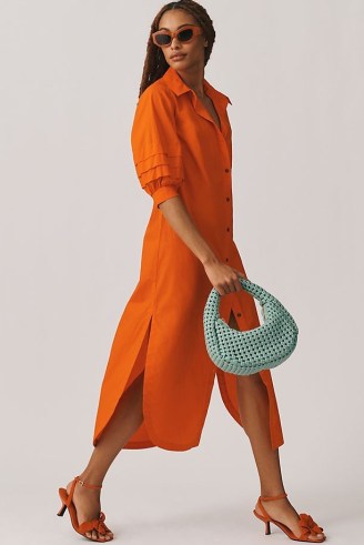Maeve Puff-Sleeve Shirt Dress in Orange / women’s collared cotton dresses