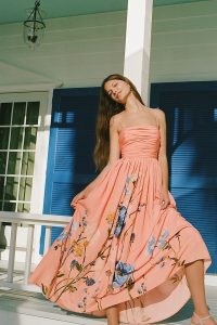 By Anthropologie Ruched-Bodice Floral Midi Dress in Coral / strappy fit and flare maxi dresses / women’s skinny shoulder strap occasion clothes