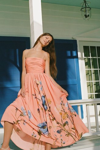 By Anthropologie Ruched-Bodice Floral Midi Dress in Coral / strappy fit and flare maxi dresses / women’s skinny shoulder strap occasion clothes - flipped